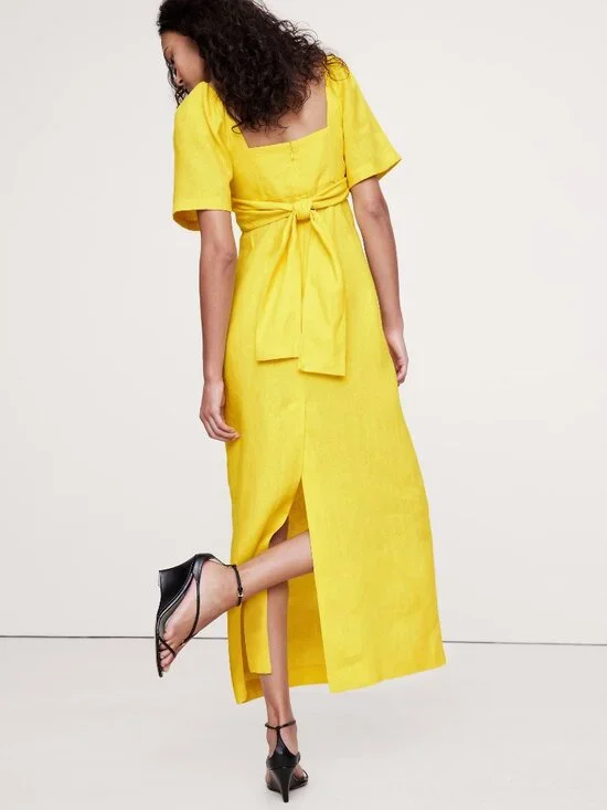 NEW Banana Republic Women Linen Sweetheart Maxi Dress Citrus Yellow Petite 2 - Picture 2 of 4